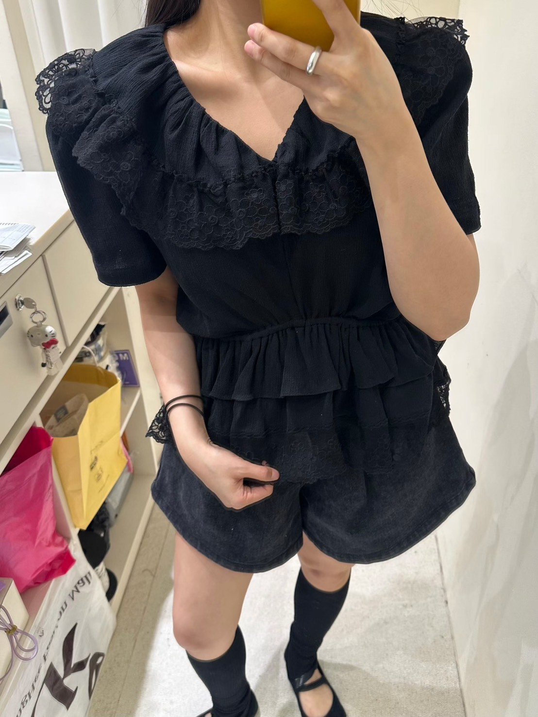 花朵蕾絲娃娃領蛋糕鬆緊腰襯衫