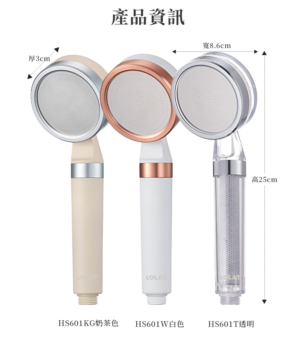 LOLAT單段雙過濾除氯蓮蓬頭-奶茶色HS601KG產品介紹11。