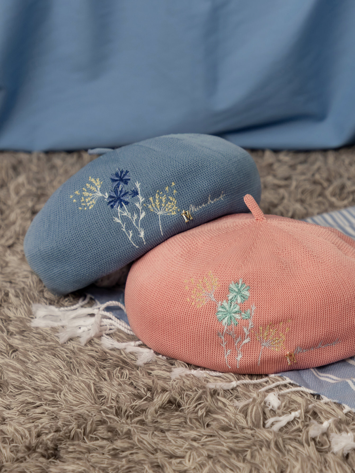 野餐嘉年華。刺繡花卉貝蕾帽 (珊瑚粉)