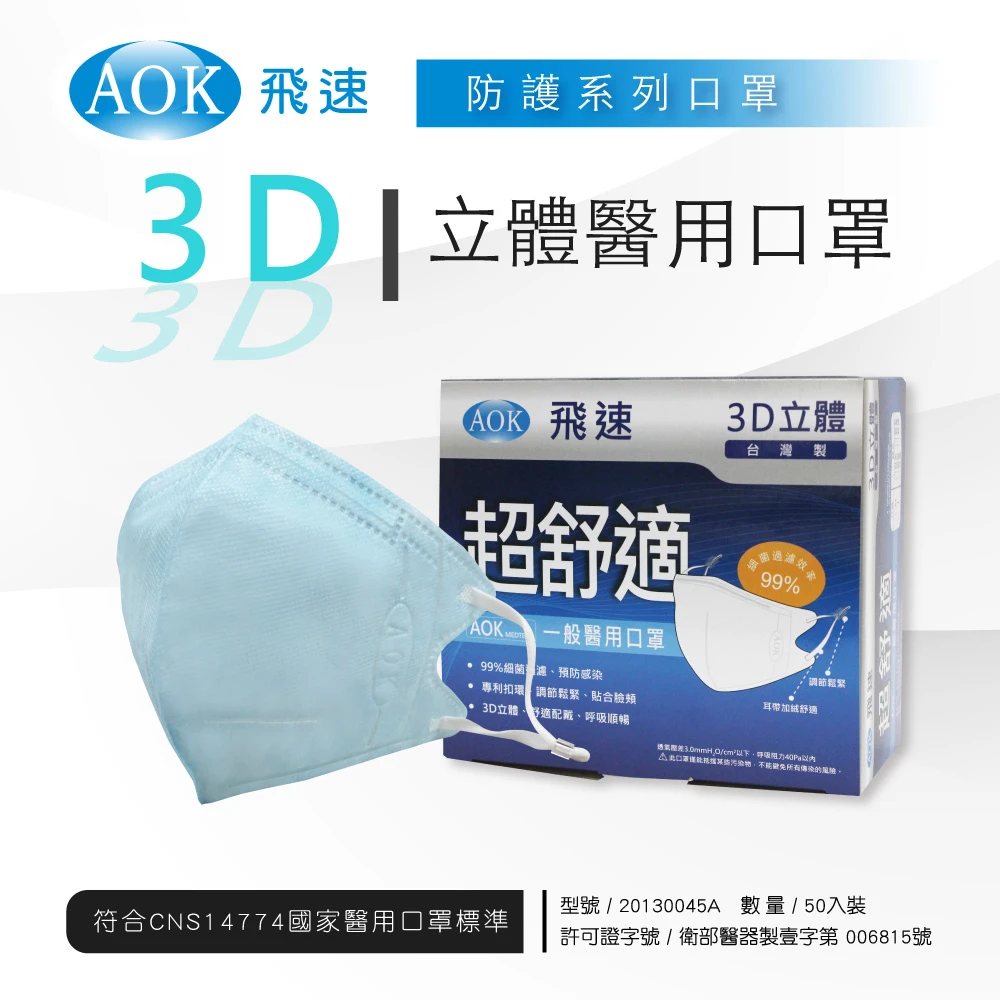 AOK-3D立體醫用口罩藍