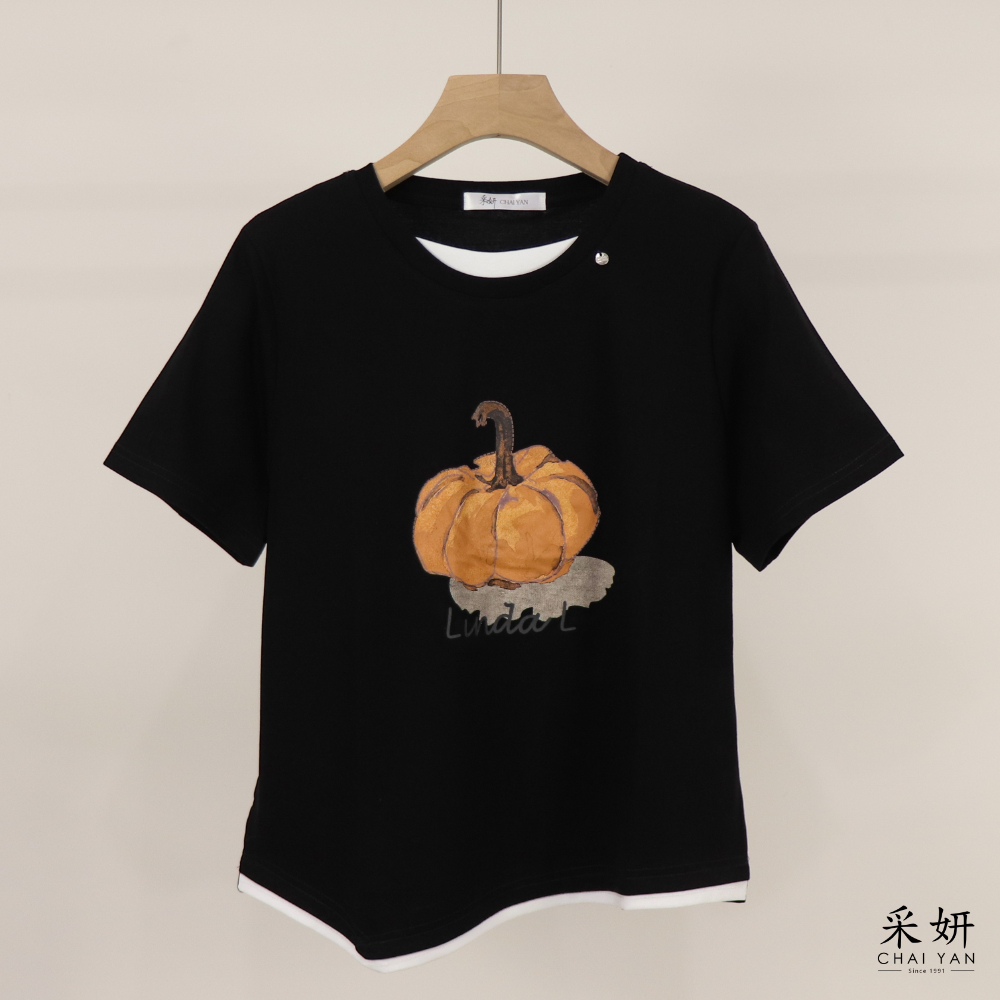 南瓜印花假兩件短袖上衣