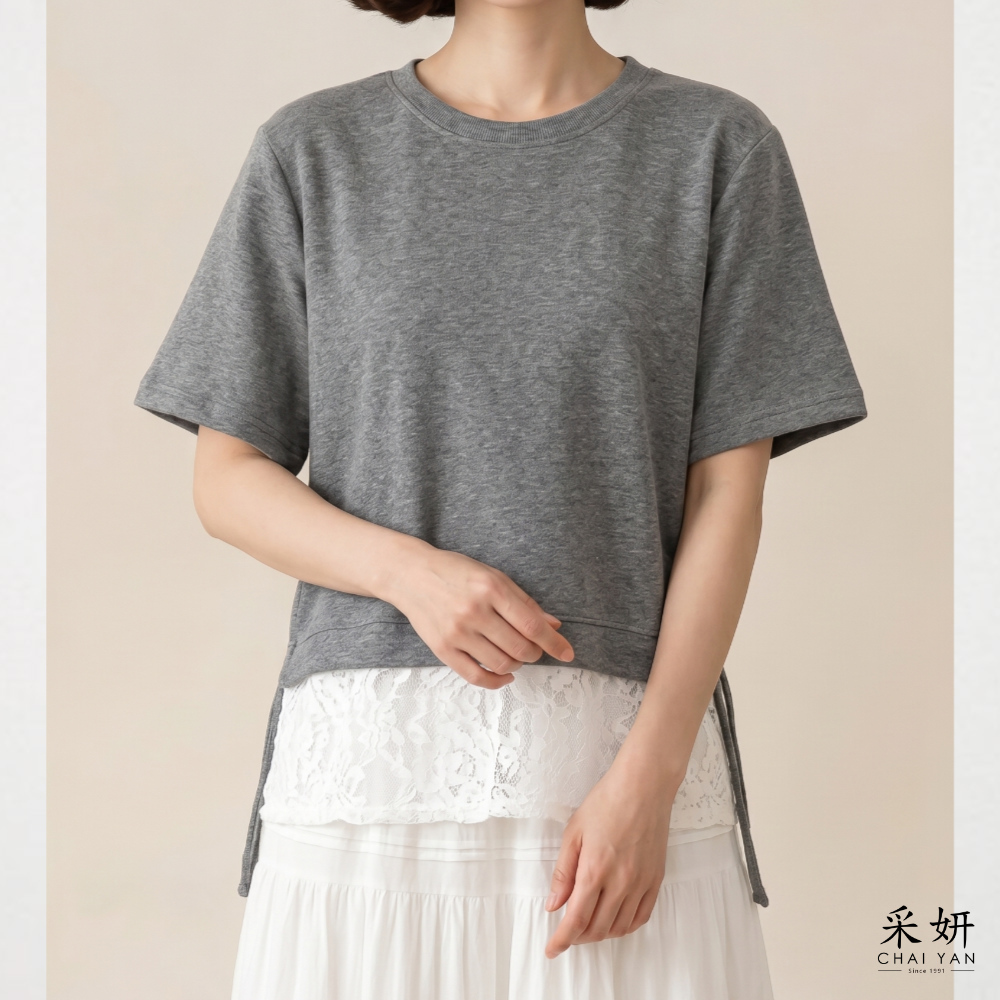蕾絲拼接綁帶短袖上衣