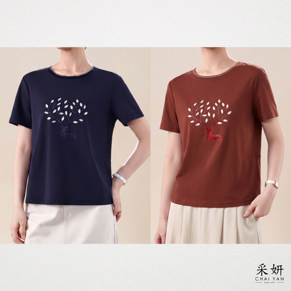 水鑽鹿角樹葉滑棉短袖上衣