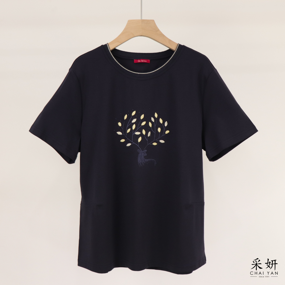 水鑽鹿角樹葉滑棉短袖上衣