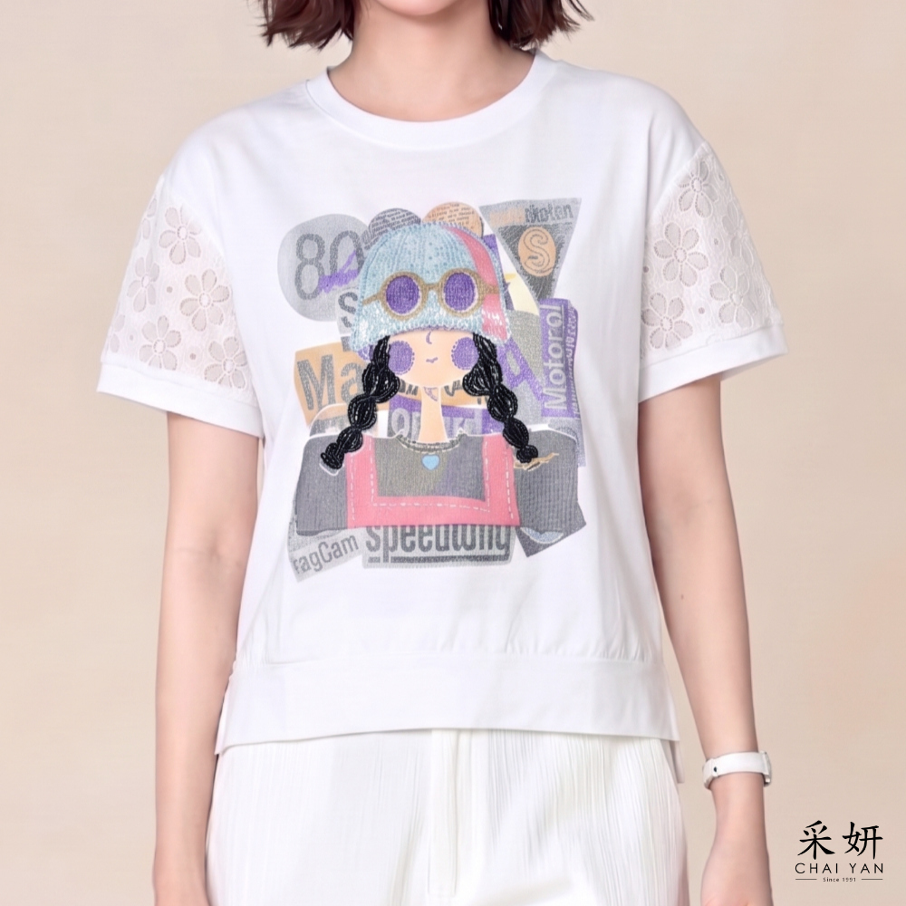 女孩亮片蕾絲袖短袖上衣