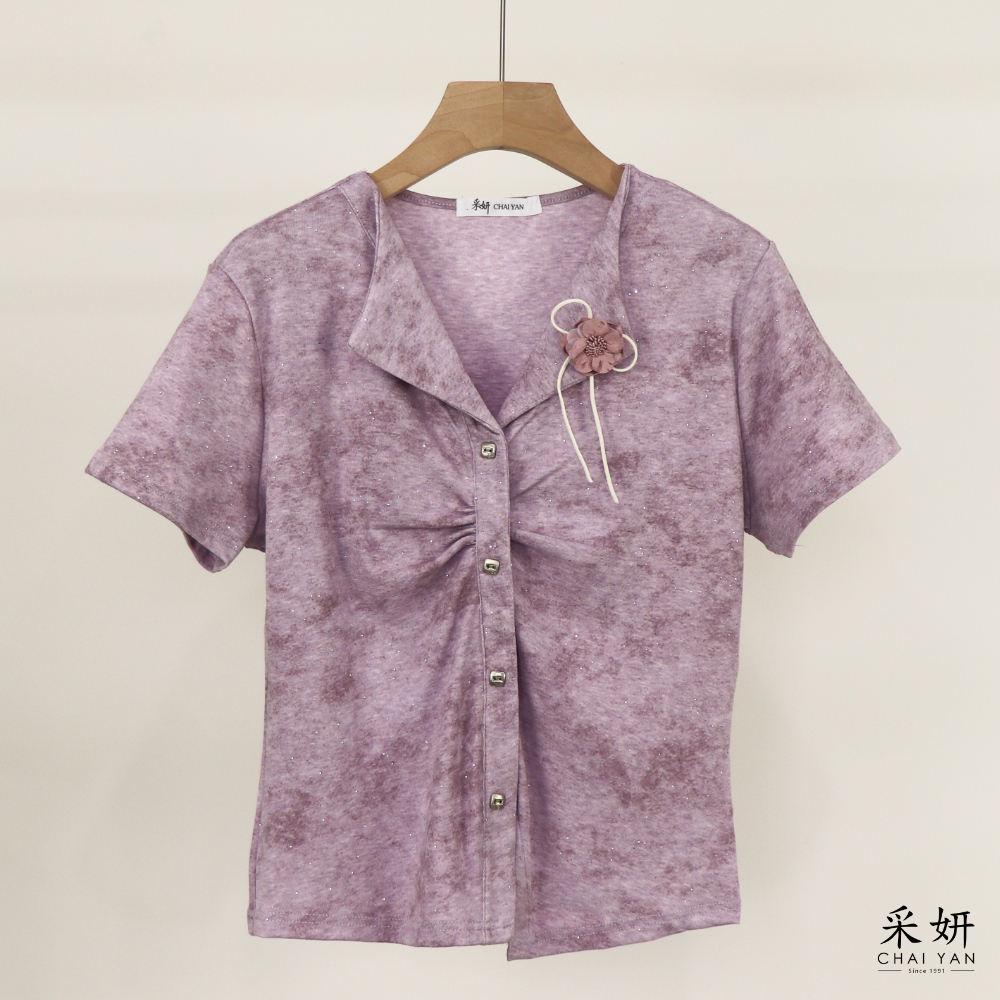 假排釦大理石紋短袖上衣