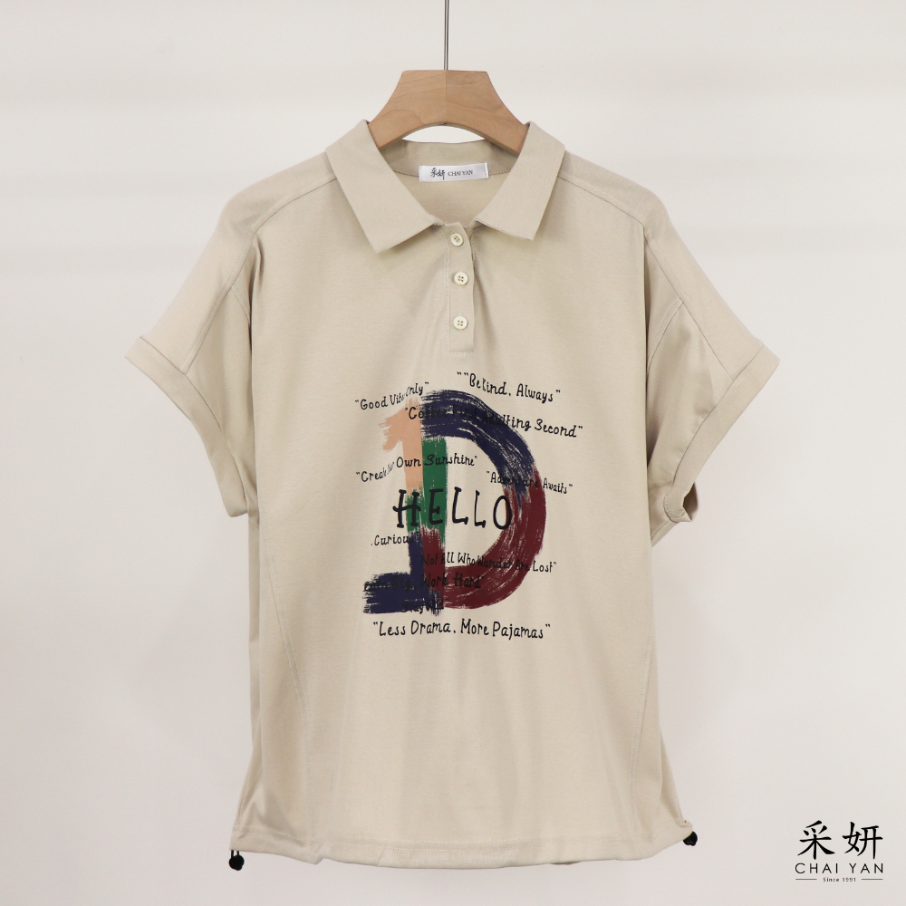 水彩字母翻領連肩短袖上衣