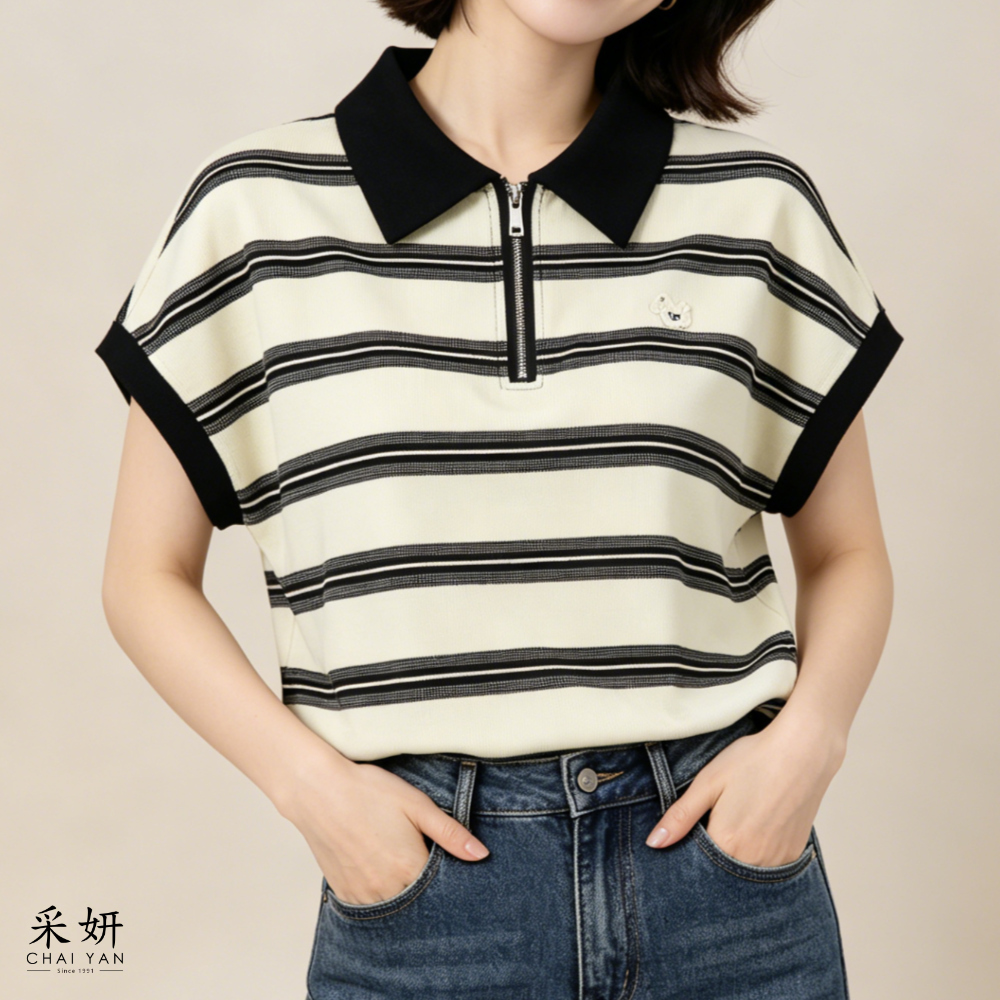 小馬翻領橫條連肩短袖上衣