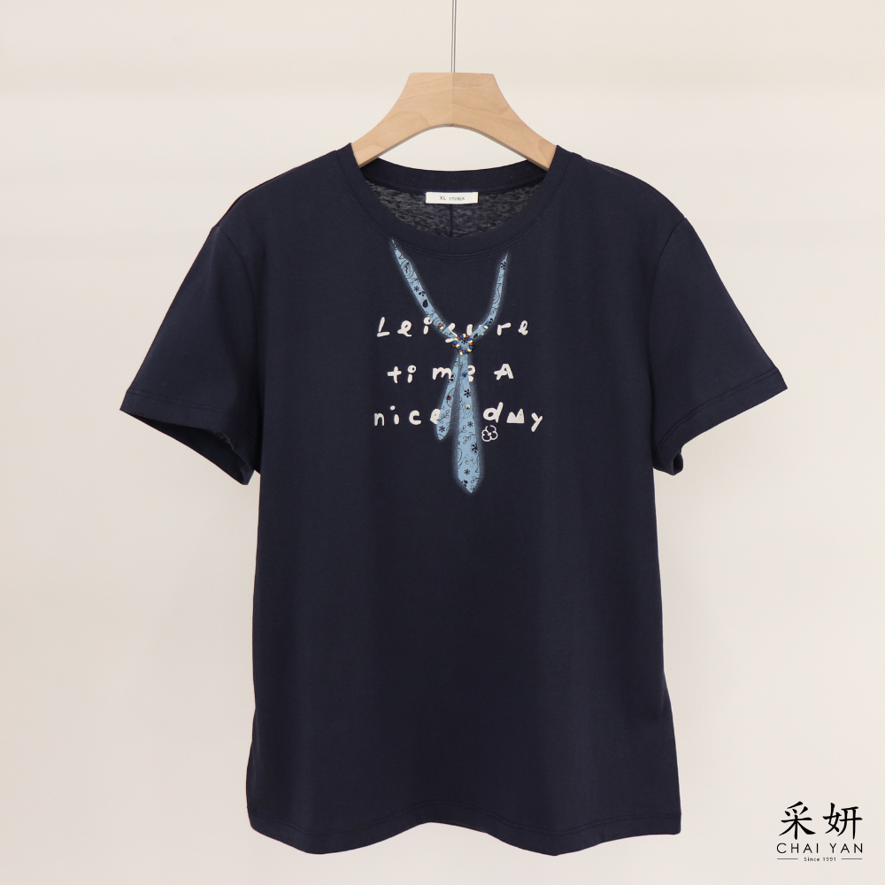 串珠領帶印花雪花棉短袖上衣