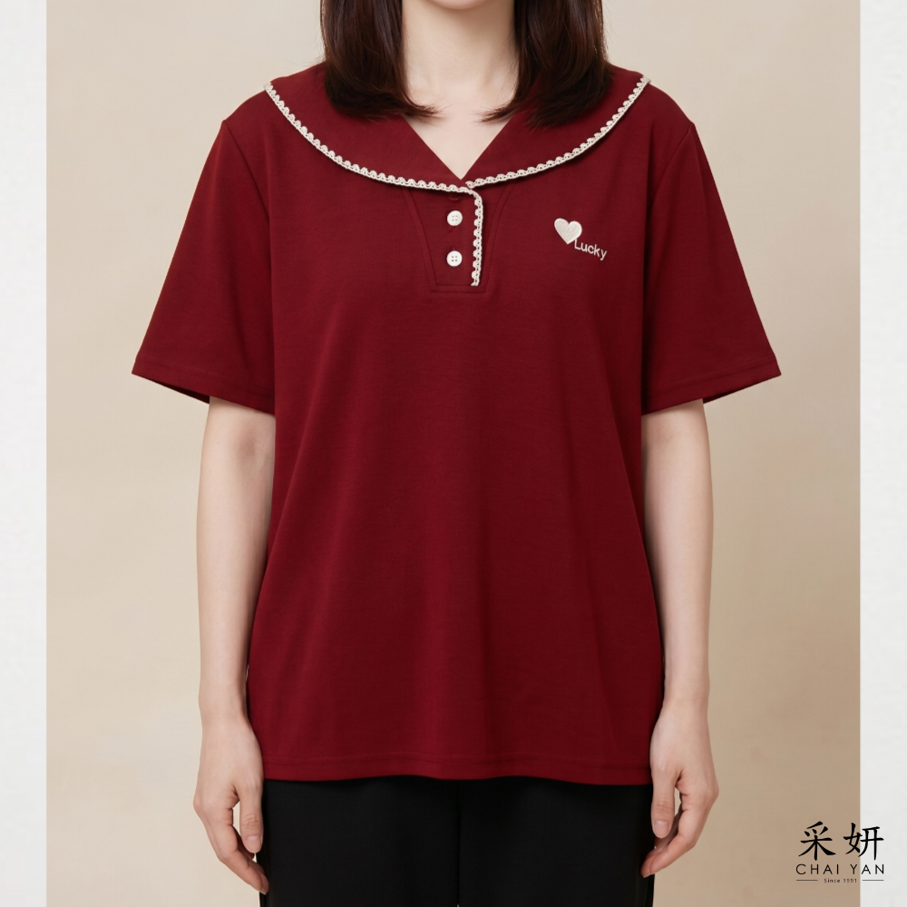 愛心刺繡滾邊翻領短袖上衣