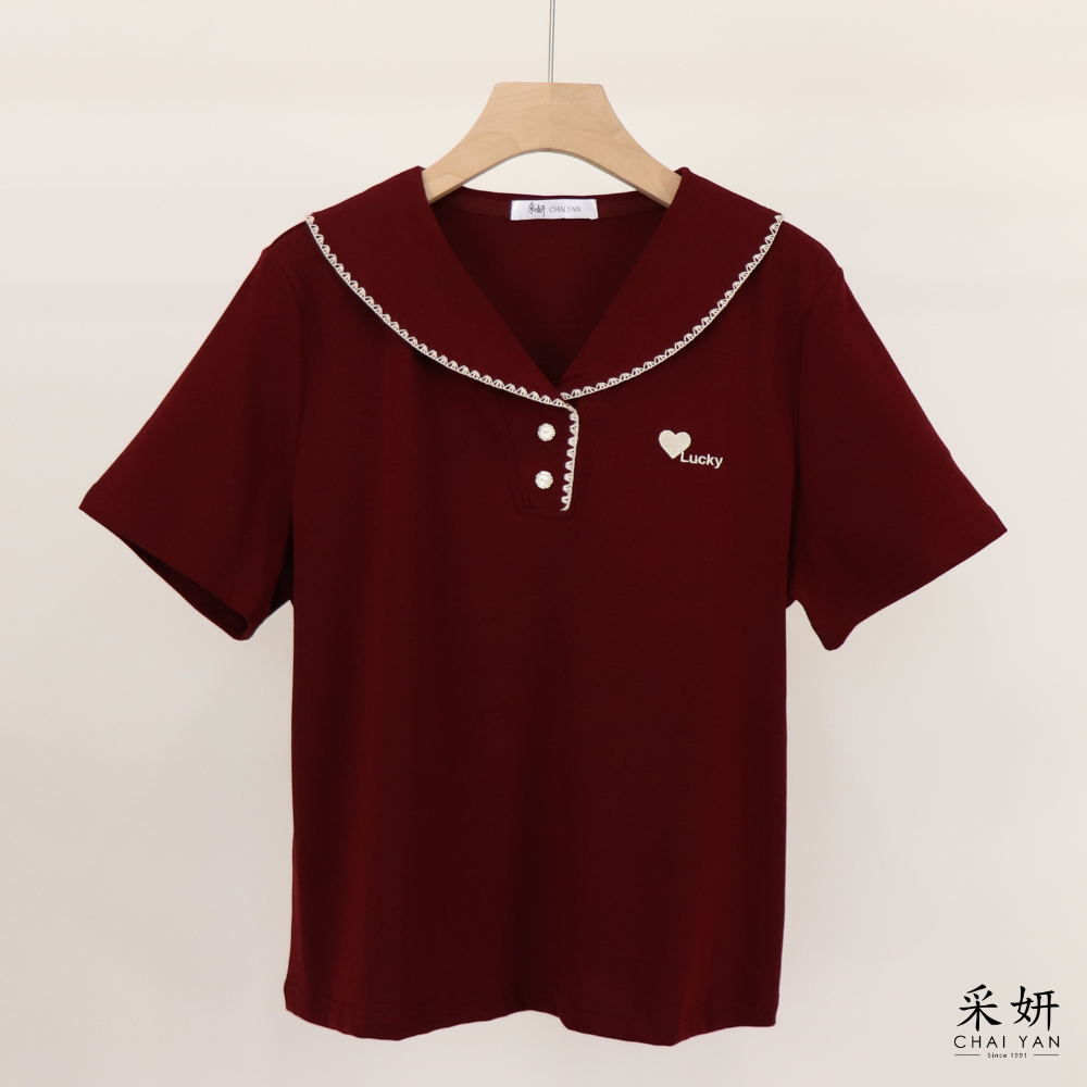 愛心刺繡滾邊翻領短袖上衣