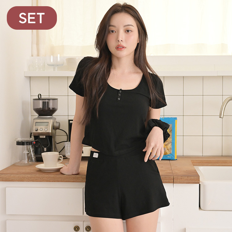 SET【Hold U Day Night】Night Bra Double C U-neckline Ribbed Jersey Pyjamas (Oreo Black)