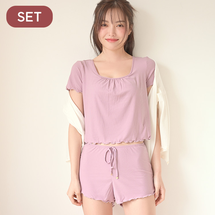 SET【Chu Mii．Night Bra】Double C Ribbed Jersey Ruffle Hem Pyjamas (Berry Purple)
