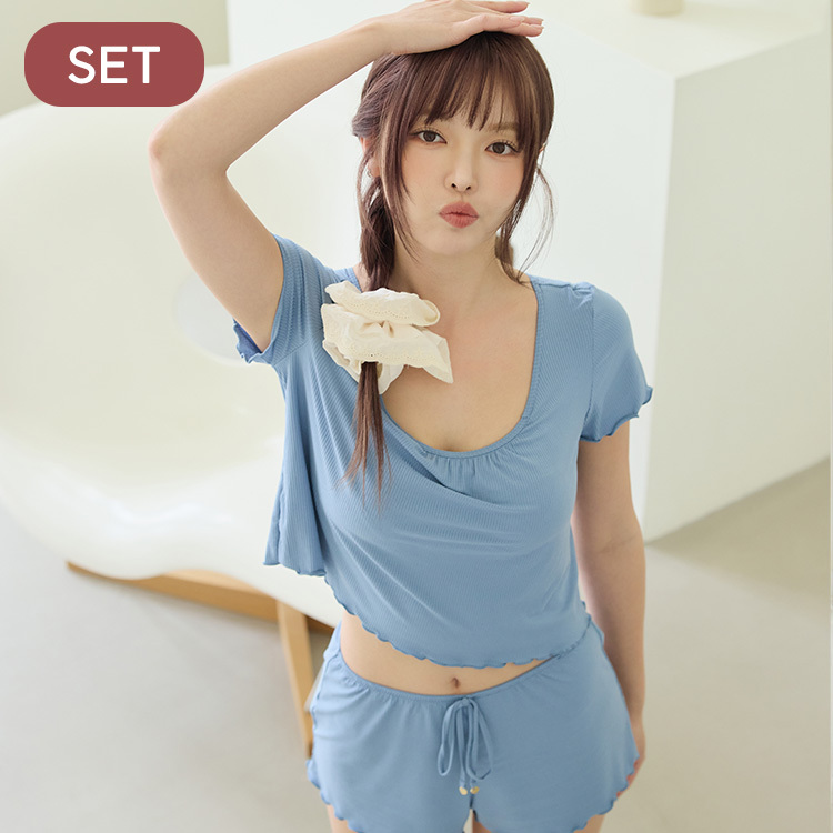 SET【Chu Mii．Night Bra】Double C Ribbed Jersey Ruffle Hem Pyjamas (Blue Haze)