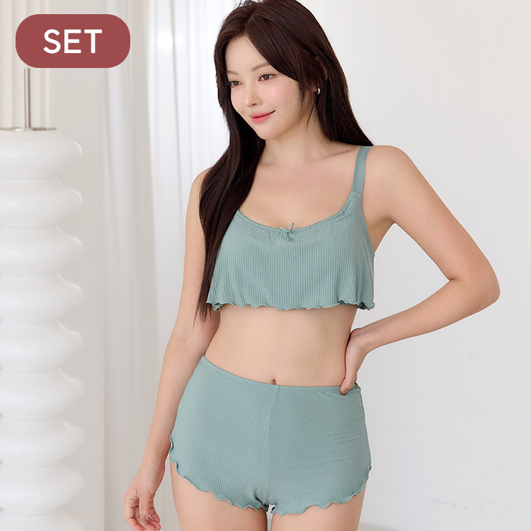 SET【BOBO ．Short Version Night Bra】 Double C Modal Ribbed Jersey Ruffle Hem Pyjamas (Pistachio Green)