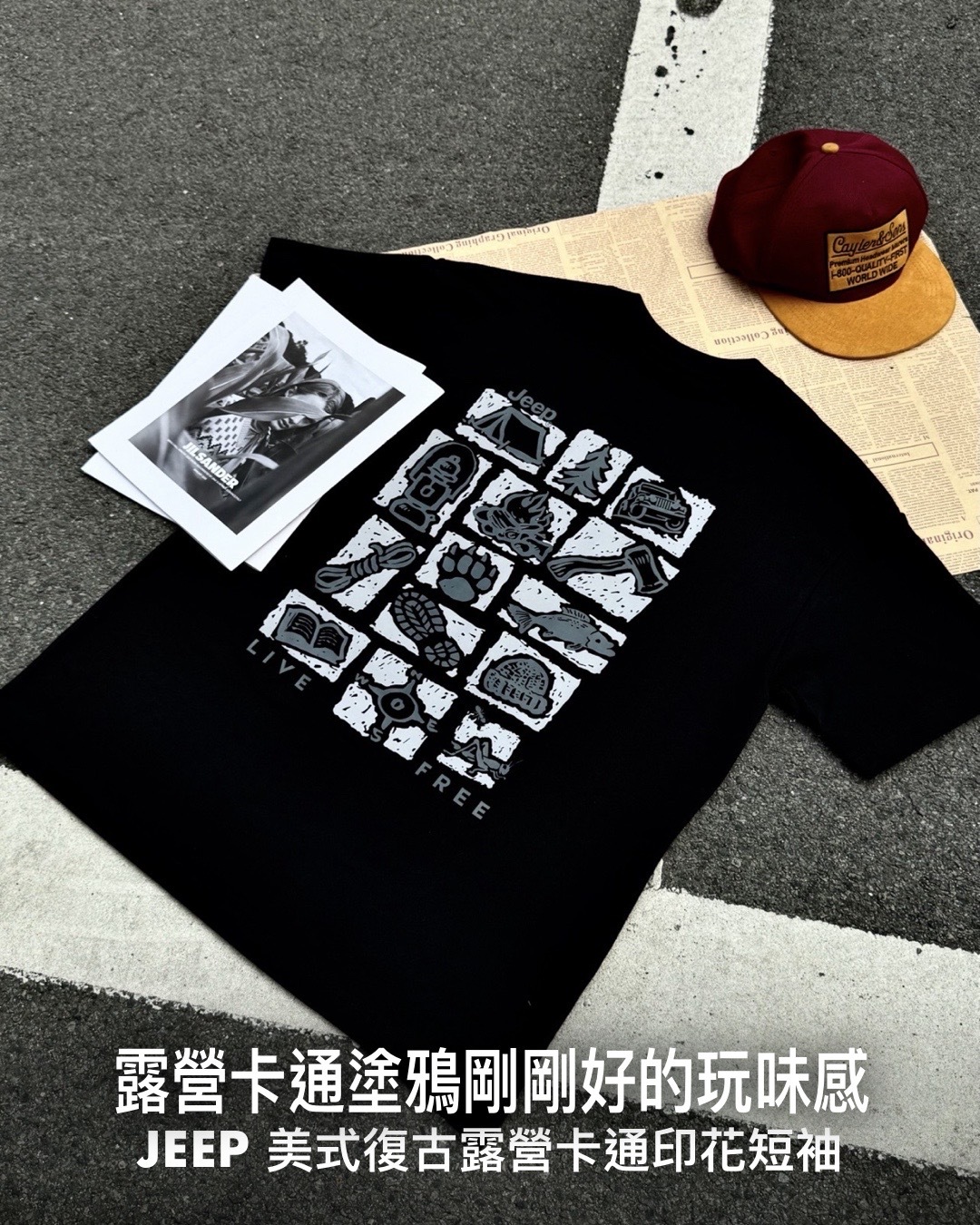 #預購 JEEP 美式復古 露營卡通印花 寬鬆落肩 百搭短踢 三色