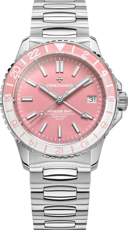 萬年鐘錶 - VENEZIANICO 威尼斯文化建築 GMT Rosa 兩地時間機械機芯不鏽鋼潛水錶 3521506C 錶徑 39MM