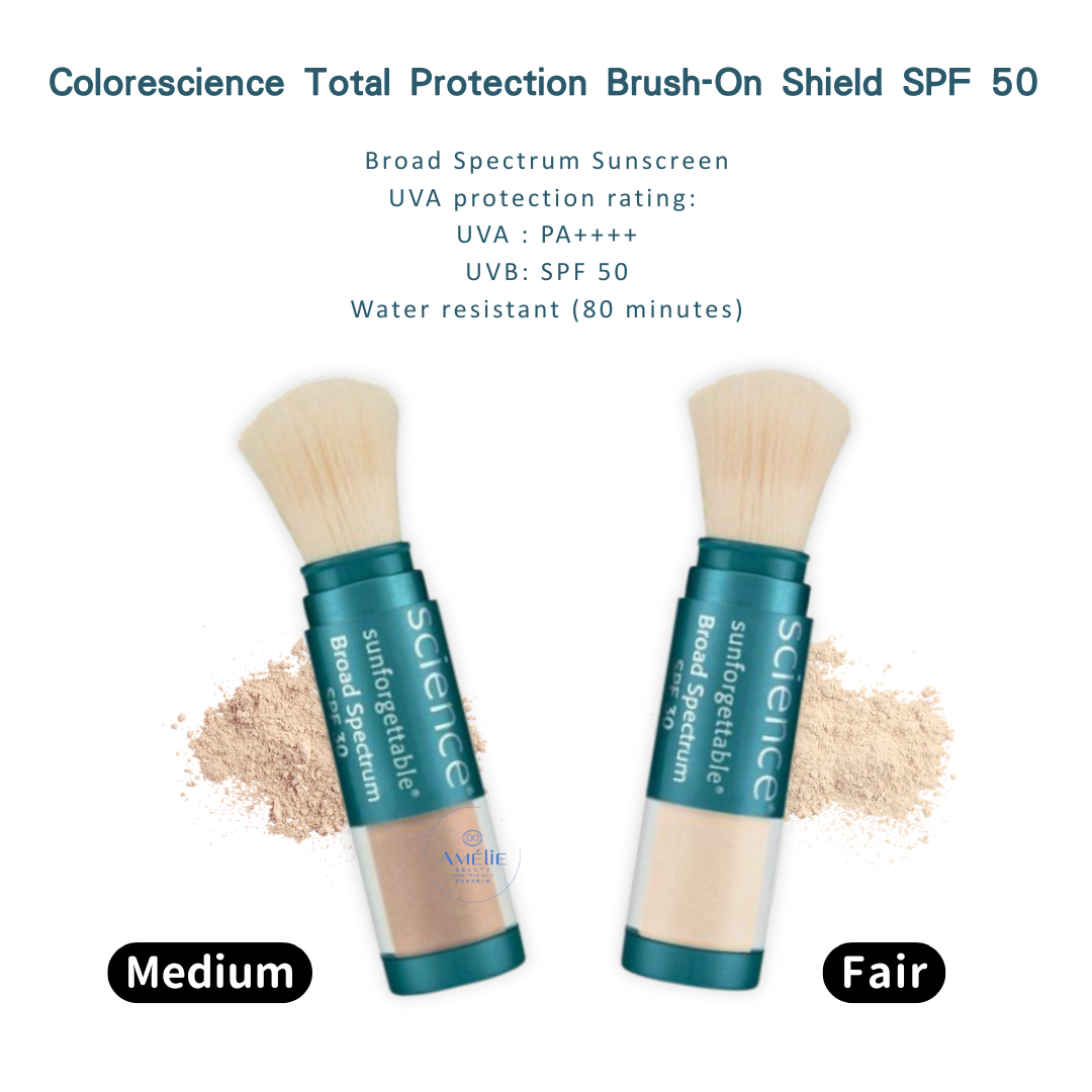 Colorescience Total Protection Brush-On Shield SPF 50 featuring hyaluronic acid for hydration. This portable mineral sunscreen brush offers waterproof powder coverage in Fair and Medium shades.
