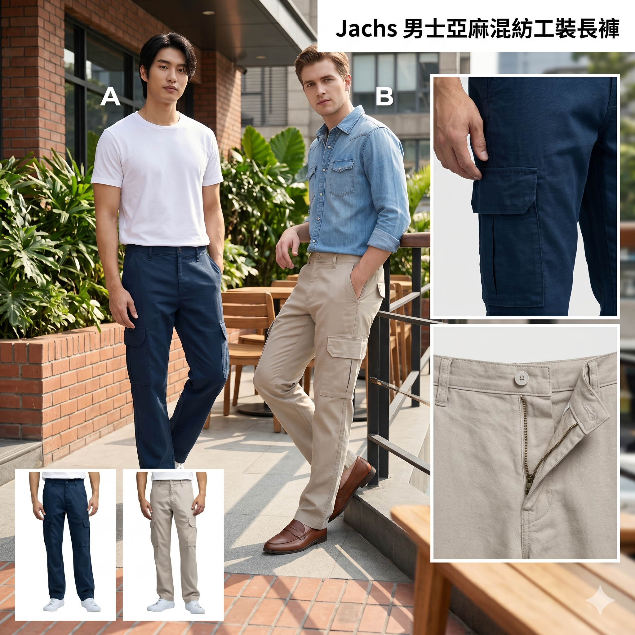 【預購】Jachs H050619 男士亞麻混紡工裝長褲