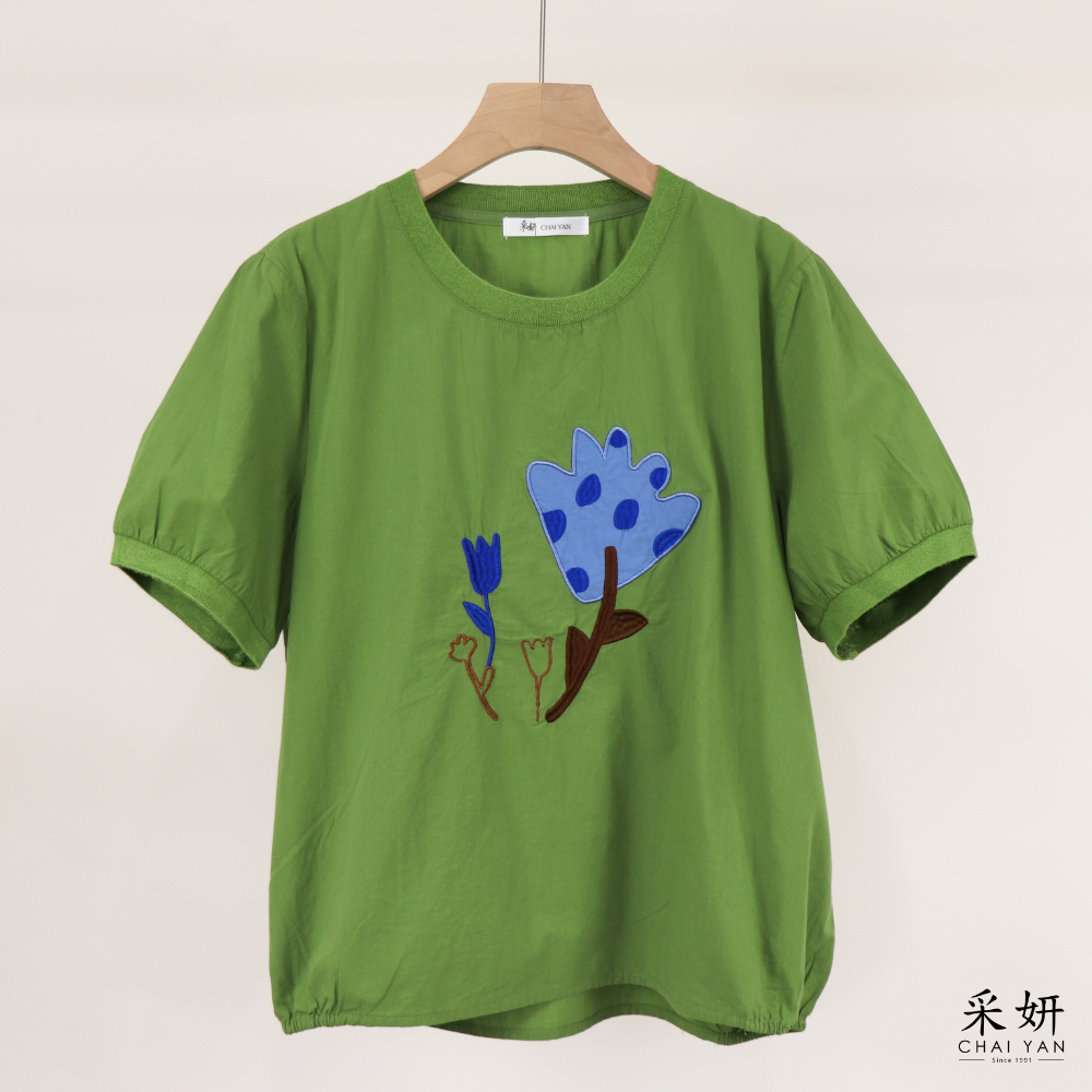 塗鴉花棉麻短袖上衣