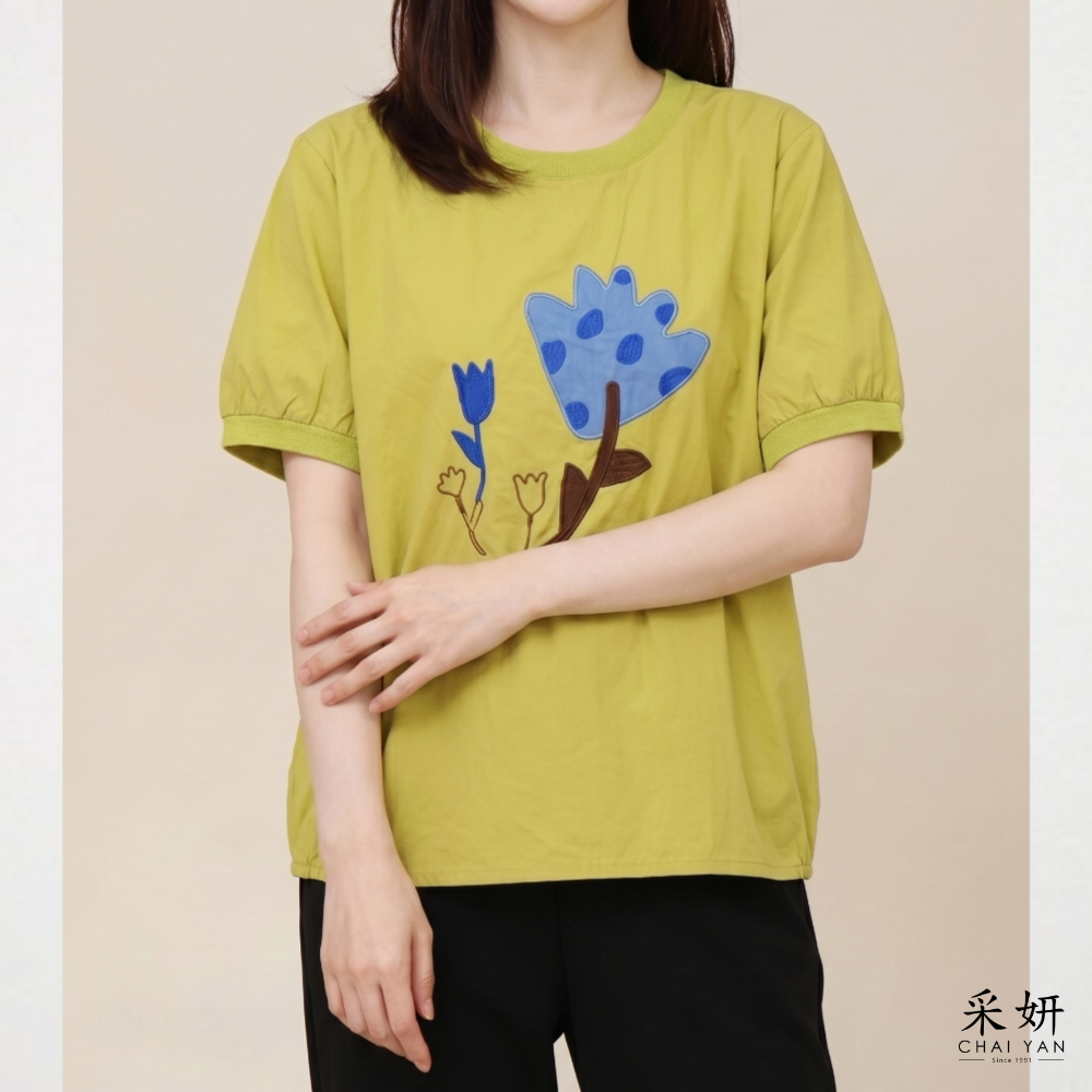 塗鴉花棉麻短袖上衣