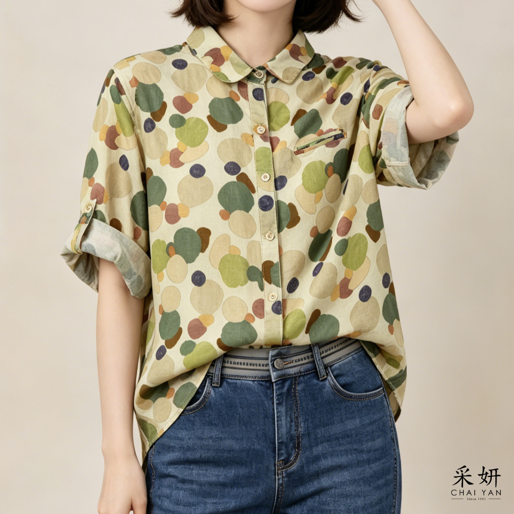 色塊棉麻可收短袖襯衫