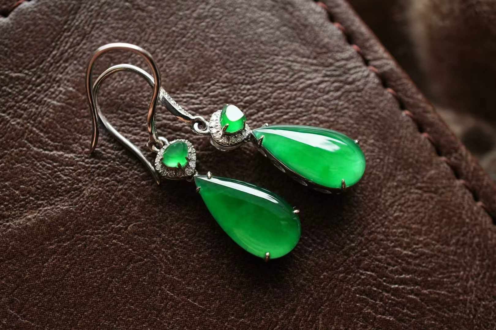 翡翠冰辣陽綠水滴耳墜,天然翡翠A玉, 緬甸玉, Jade, Jadeite