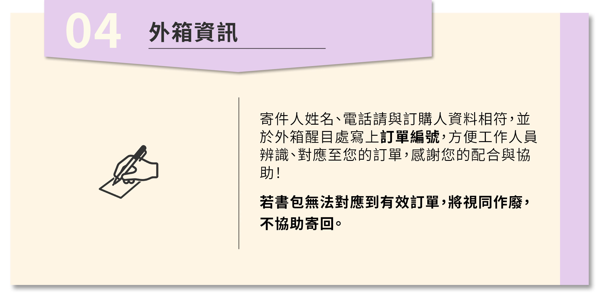 步驟4.請於外箱寫上訂單編號，並於箱內附上訂購人姓名、電話資訊紙條，以利辨認，謝謝