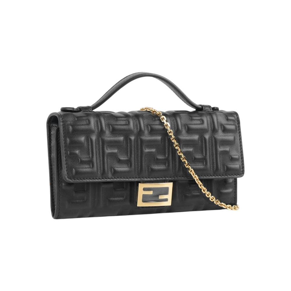 【Fendi】Baguette FF 浮雕小羊皮二用鍊包(黑色)