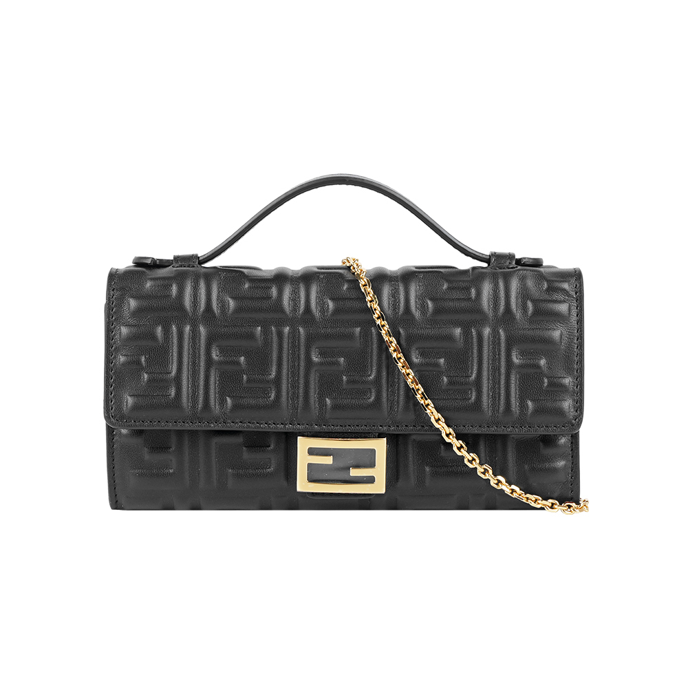 【Fendi】Baguette FF 浮雕小羊皮二用鍊包(黑色)
