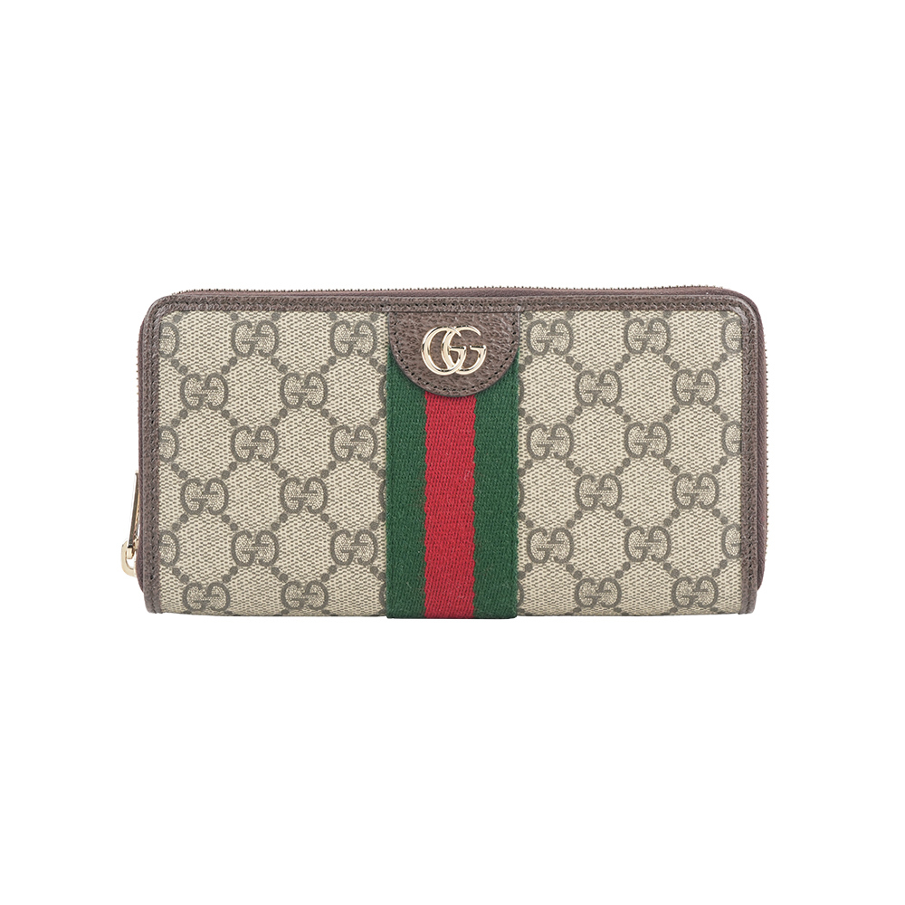 【GUCCI】Ophidia GG 綠紅織帶塗層帆布ㄇ形拉鍊長夾(棕色)