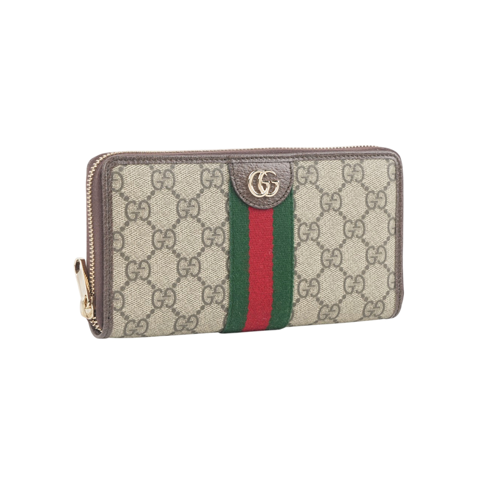 【GUCCI】Ophidia GG 綠紅織帶塗層帆布ㄇ形拉鍊長夾(棕色)