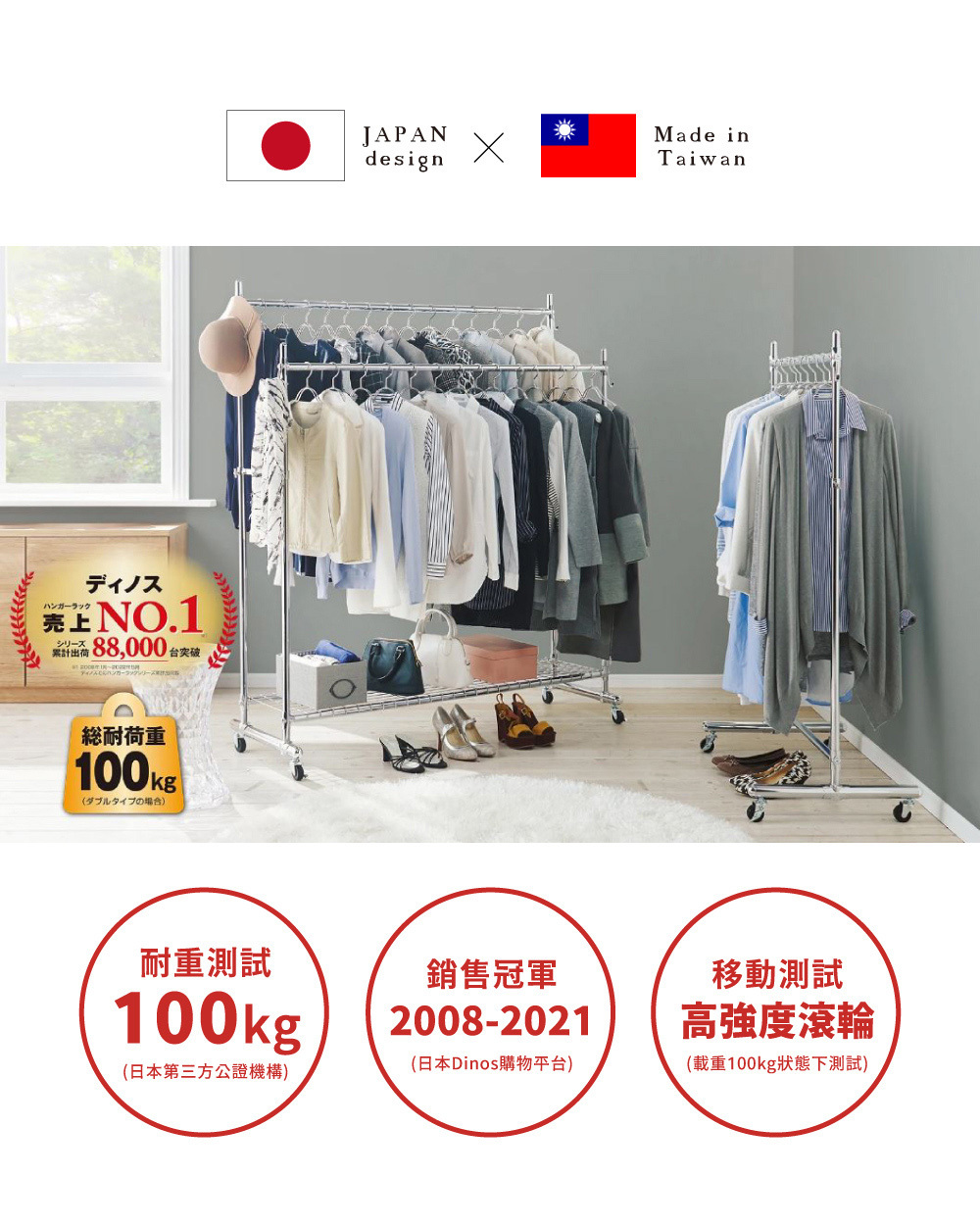 MIT台灣製SteelGuard Series移動式落地款掛衣架(單桿x雙層×附置物底架×固定寬60cm)