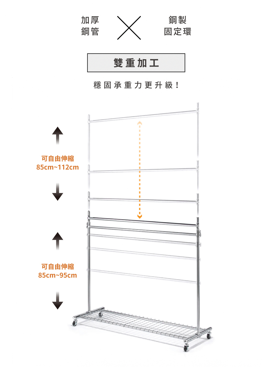 MIT台灣製SteelGuard Series移動式落地款掛衣架(單桿x雙層×附置物底架×固定寬60cm)