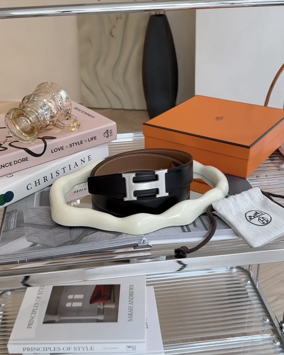 HERMES｜H銀扣雙面皮帶 3.2CM 光滑面黑色/粒面棕色