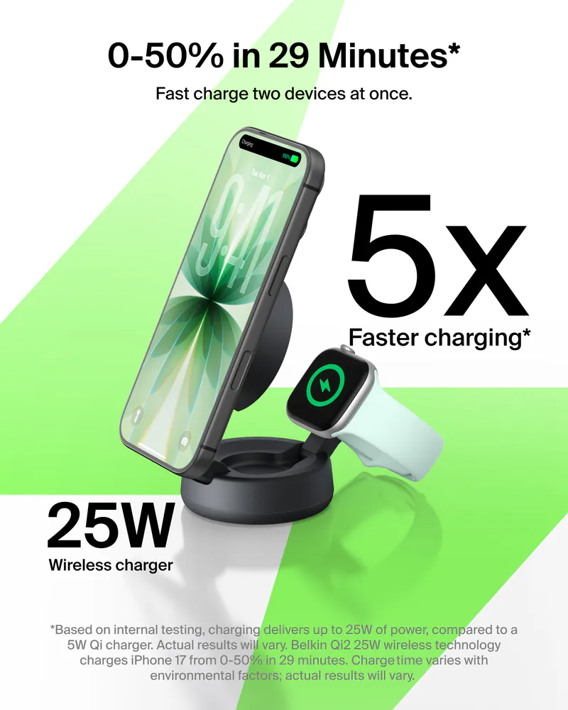 Belkin UltraCharge Pro Qi2 2合1 可摺疊磁吸充電器 25W