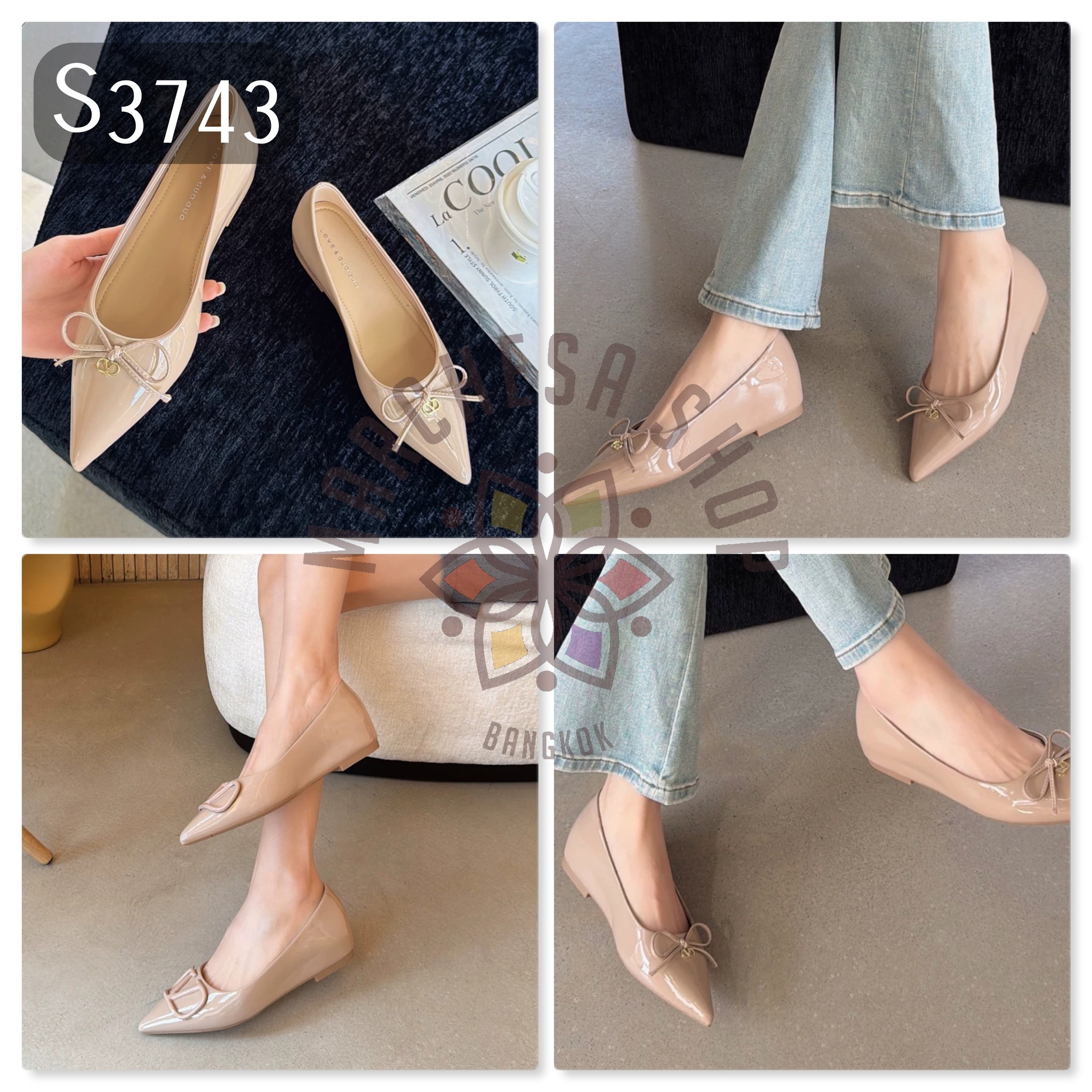 S3743 - 羊漆皮蝴蝶結尖頭內增高鞋