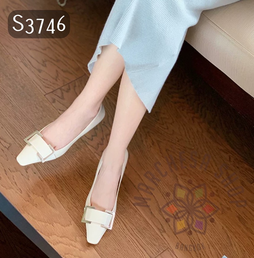 S3746 - 羊皮銀方扣方頭高踭鞋