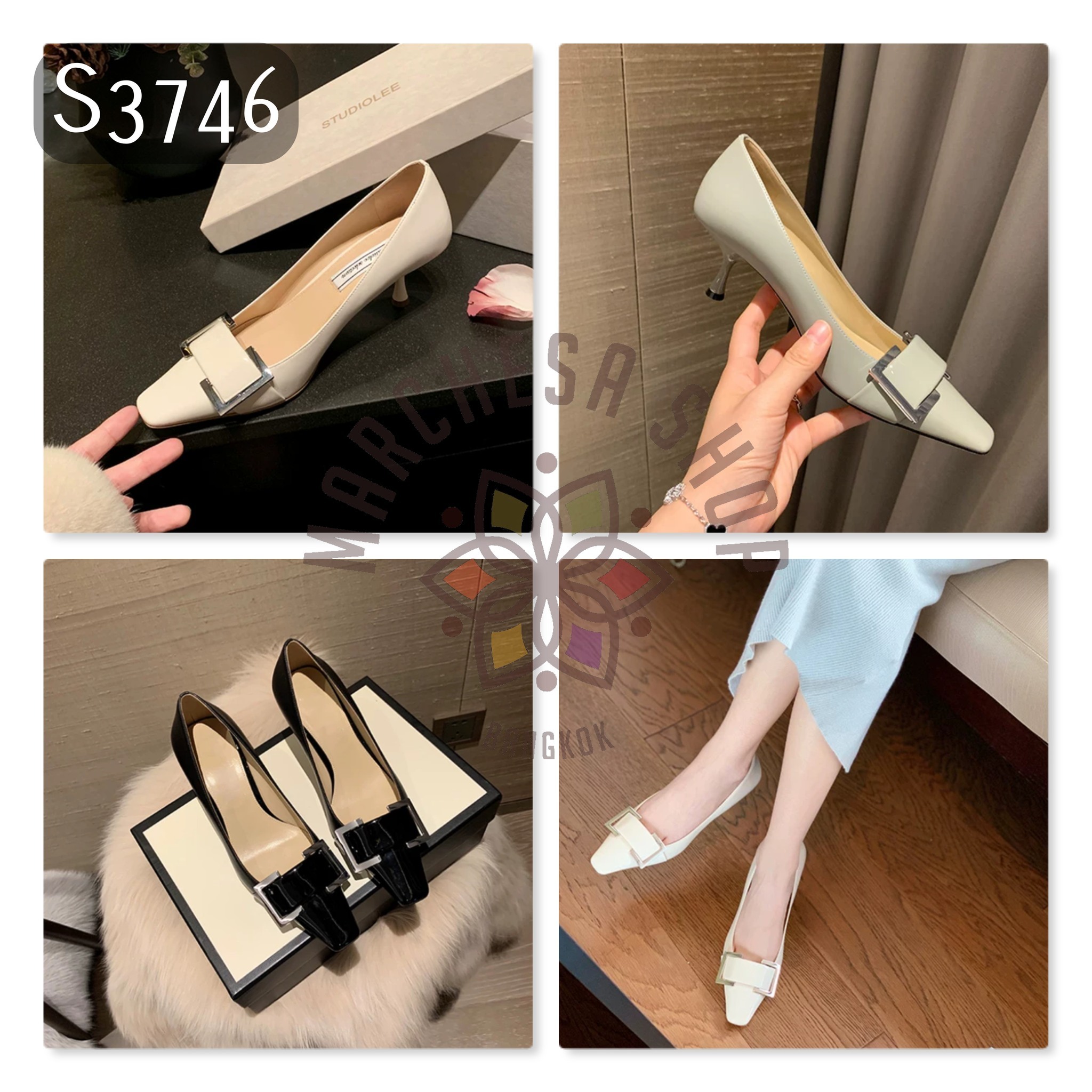 S3746 - 羊皮銀方扣方頭高踭鞋
