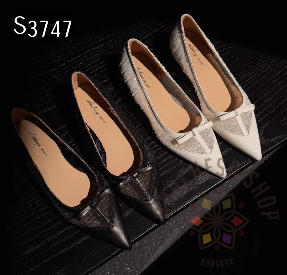 S3747 - 羊皮網紗蝴蝶結尖頭低踭鞋