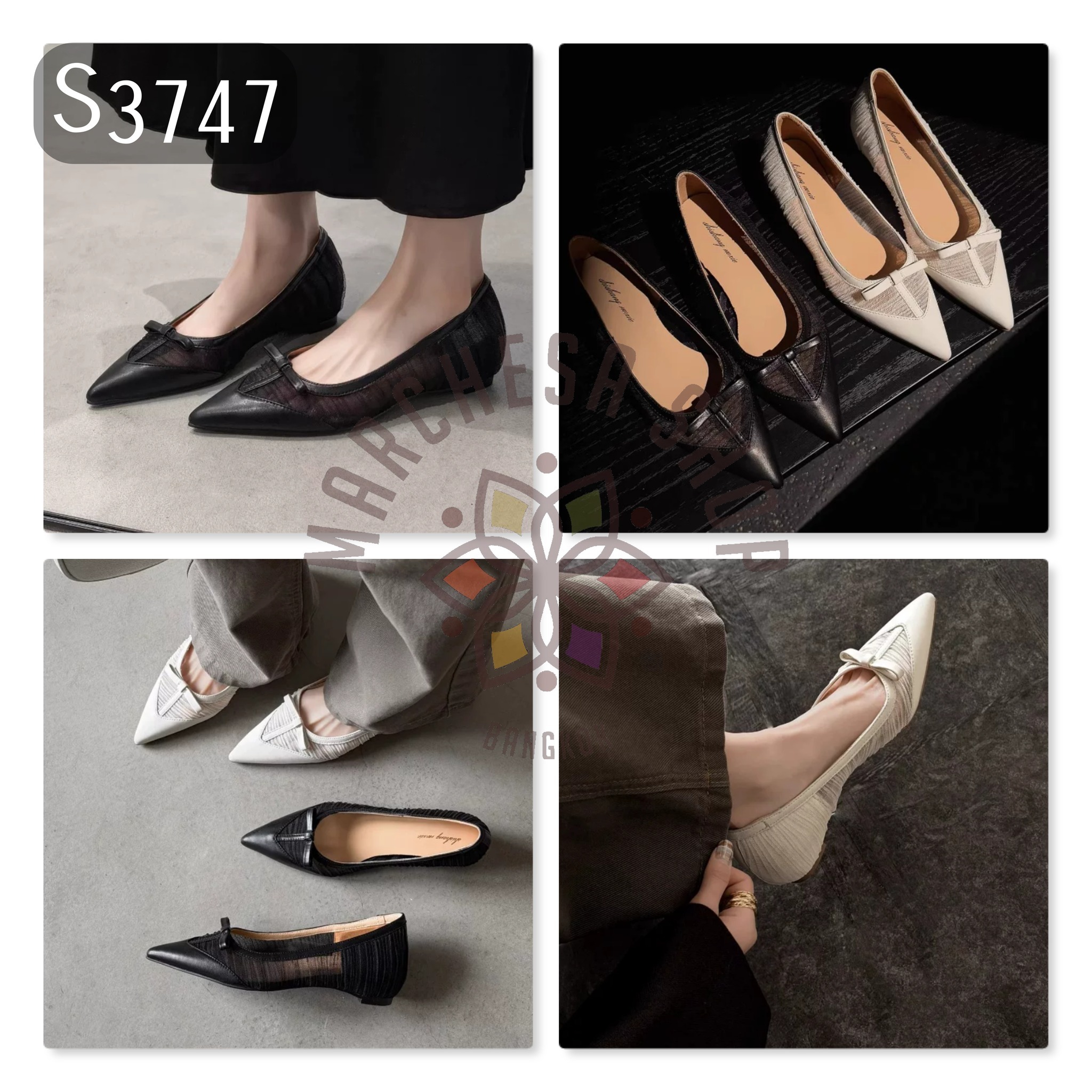 S3747 - 羊皮網紗蝴蝶結尖頭低踭鞋