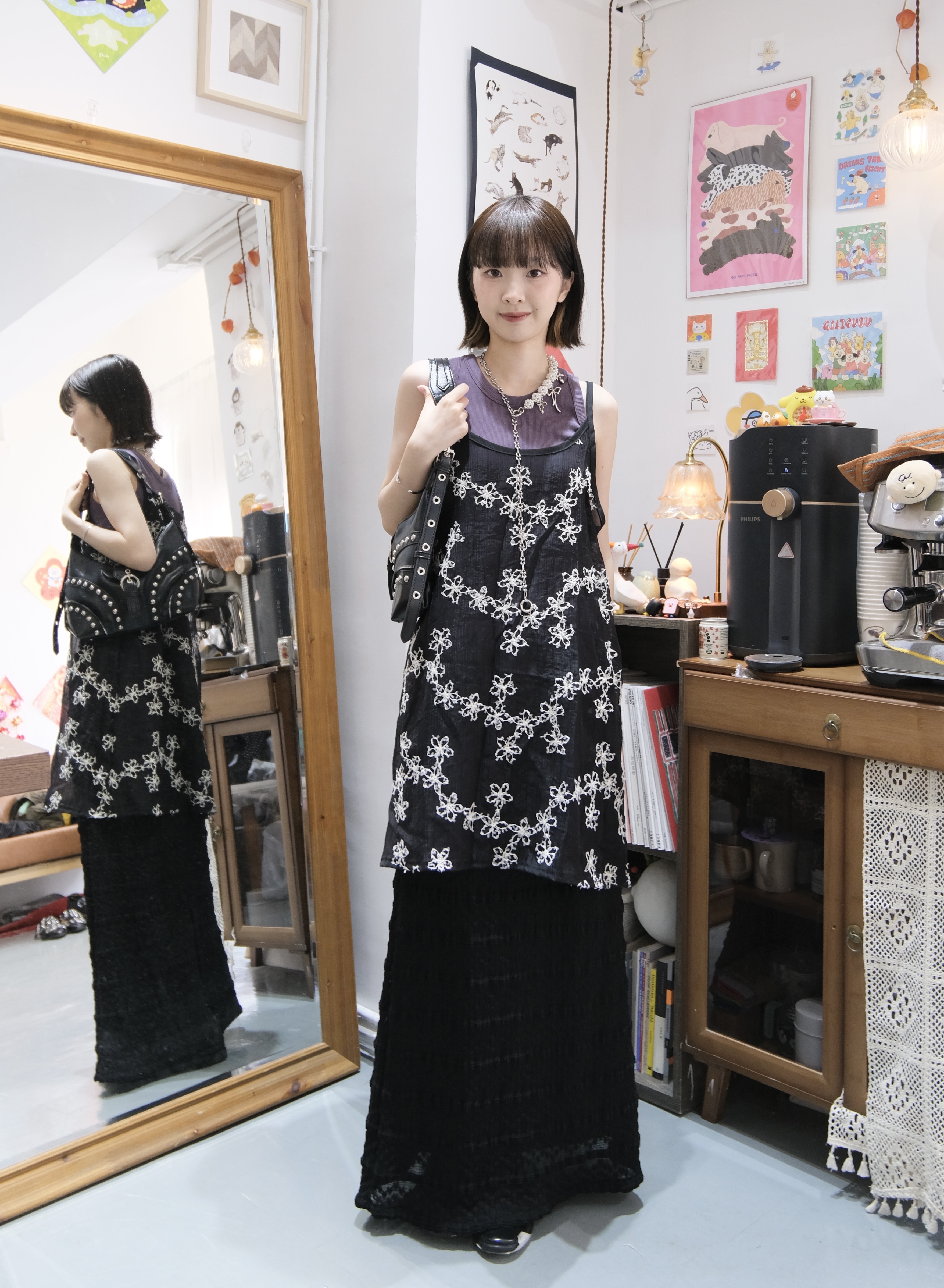 刺繡花朵中長layer ( Black)