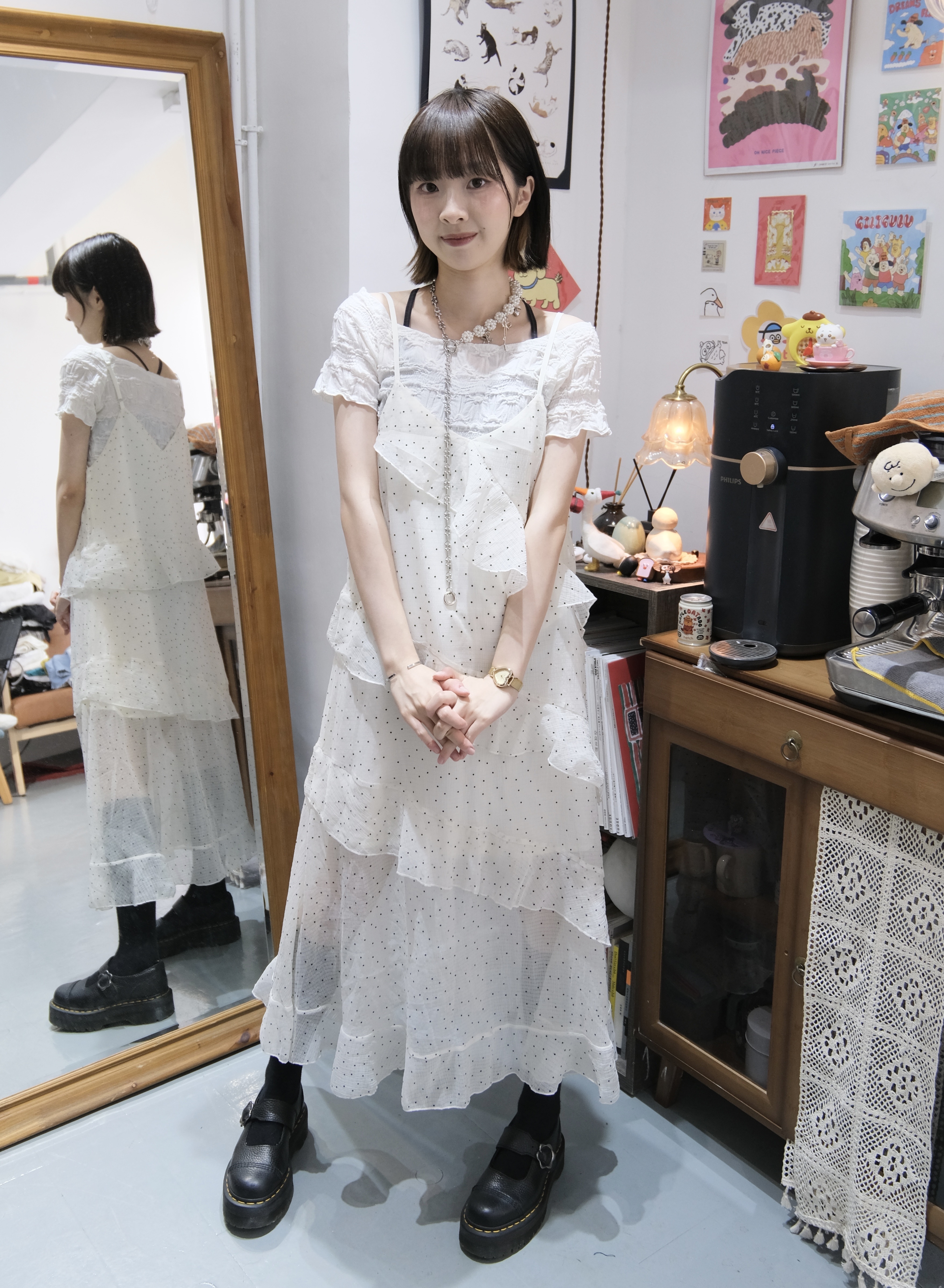 波點/碎花斜ruffle洋裝