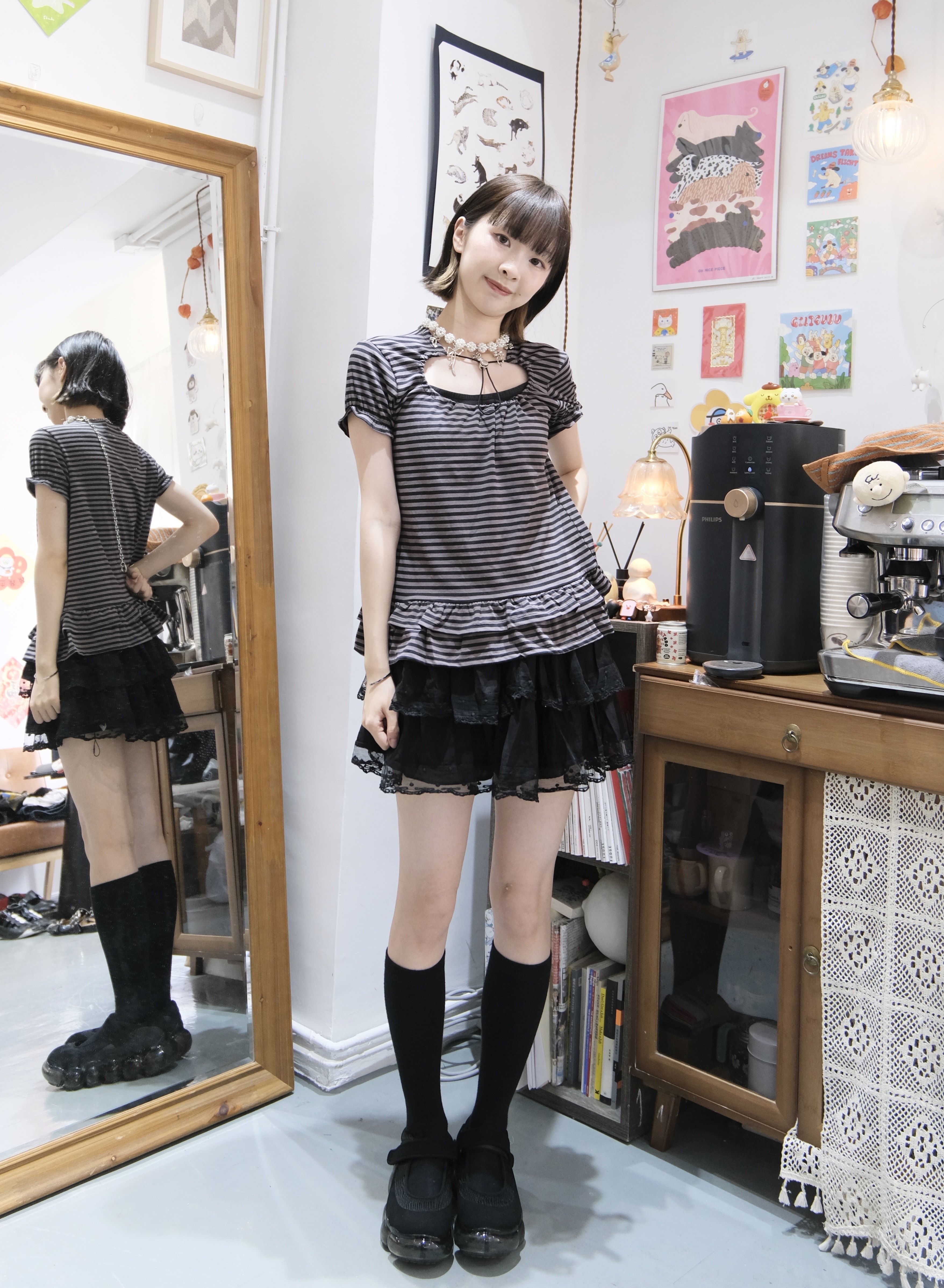 條紋公主袖花邊Tee
