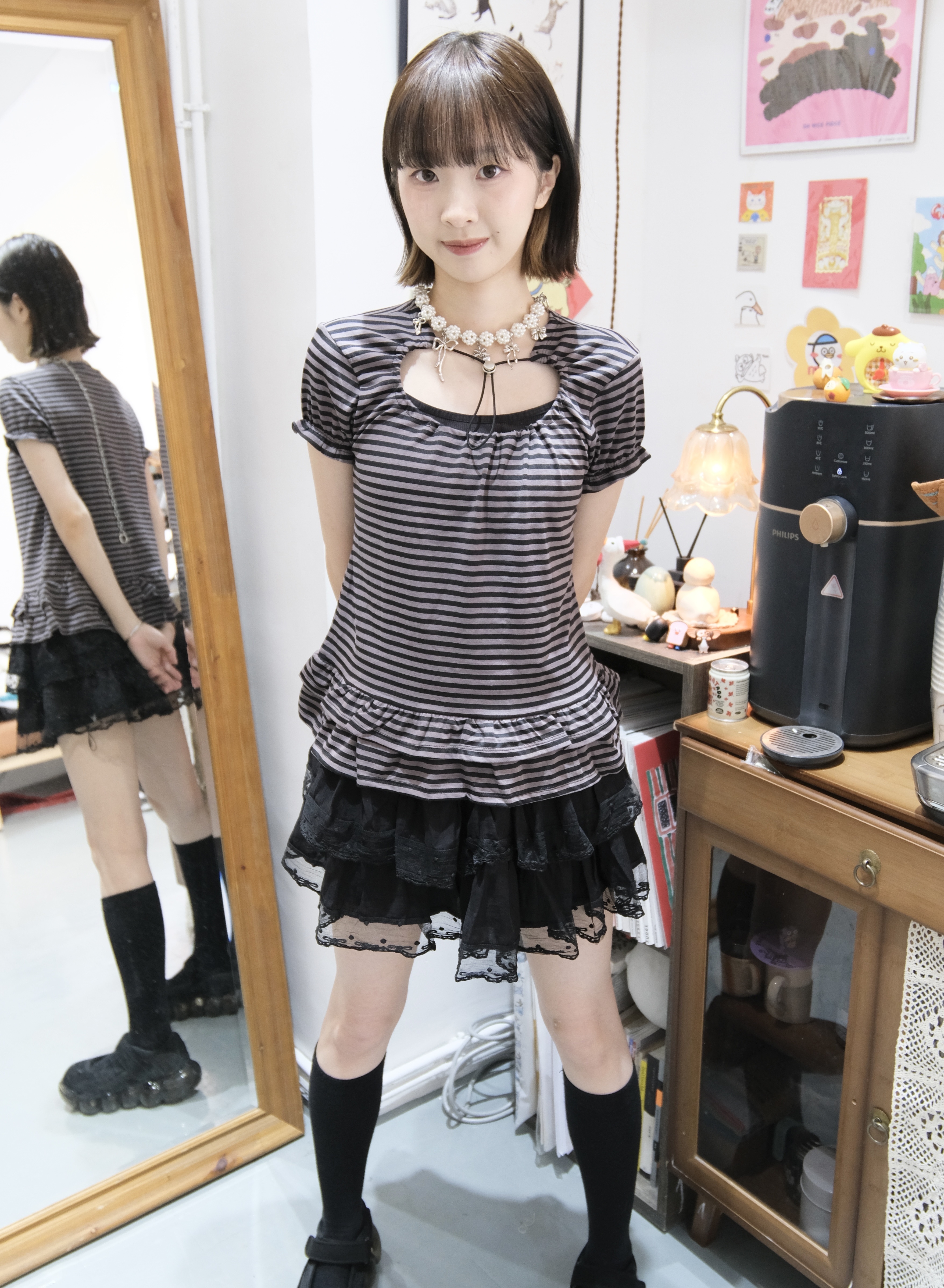 條紋公主袖花邊Tee