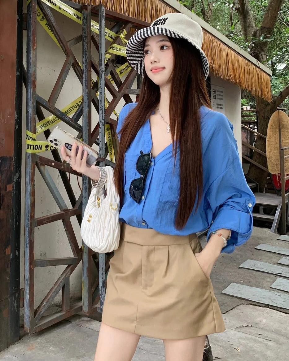 【夏日海鹽藍雙口袋亞麻造型襯衫】（現貨）