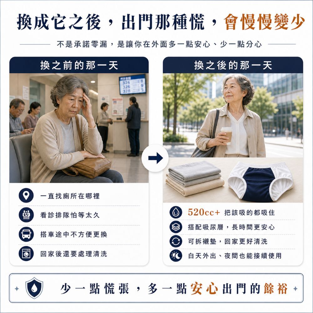 可拆分吸水襯墊設計方便清洗與晾乾，防漏尿內褲可機洗並低溫烘乾，減少長期照護與清潔負擔
