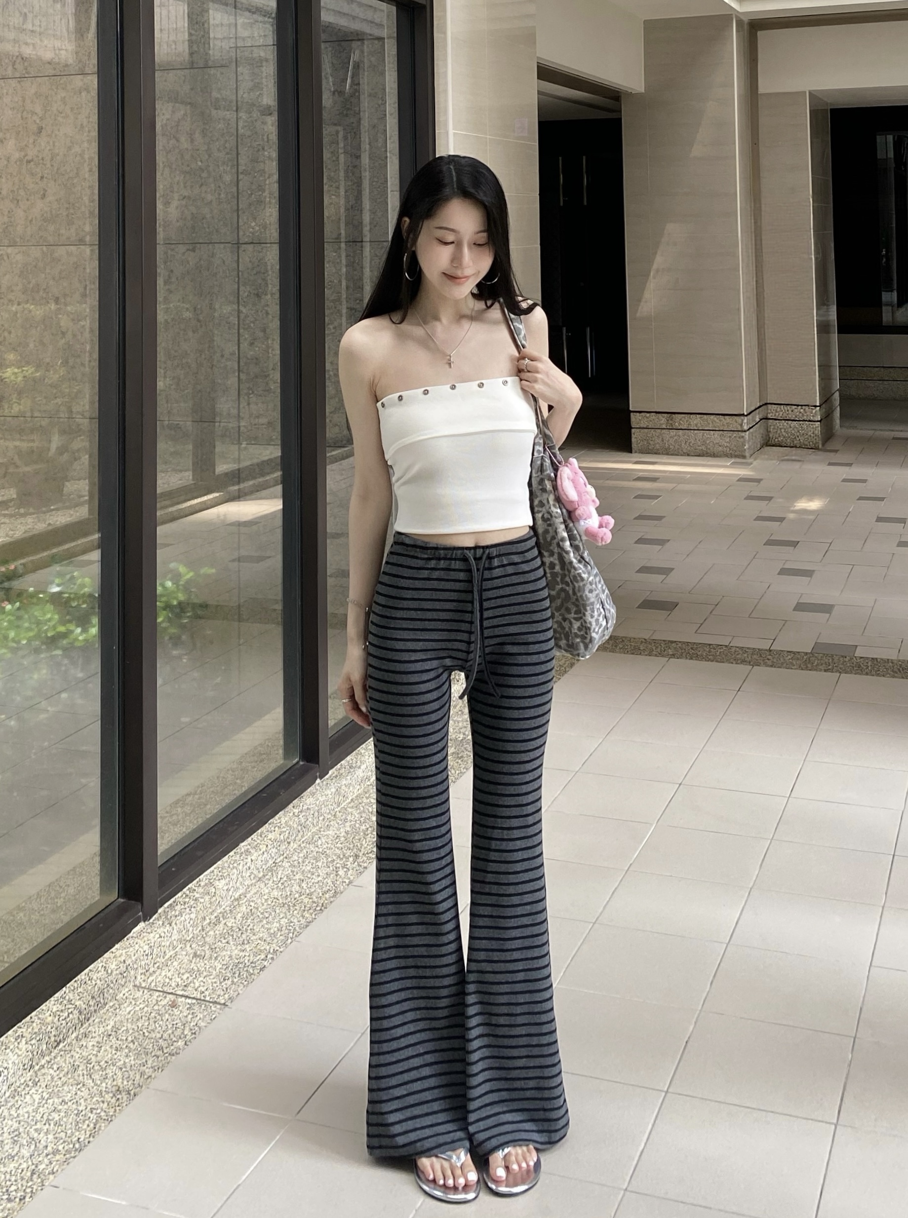 高腰慵懶條紋微喇棉褲