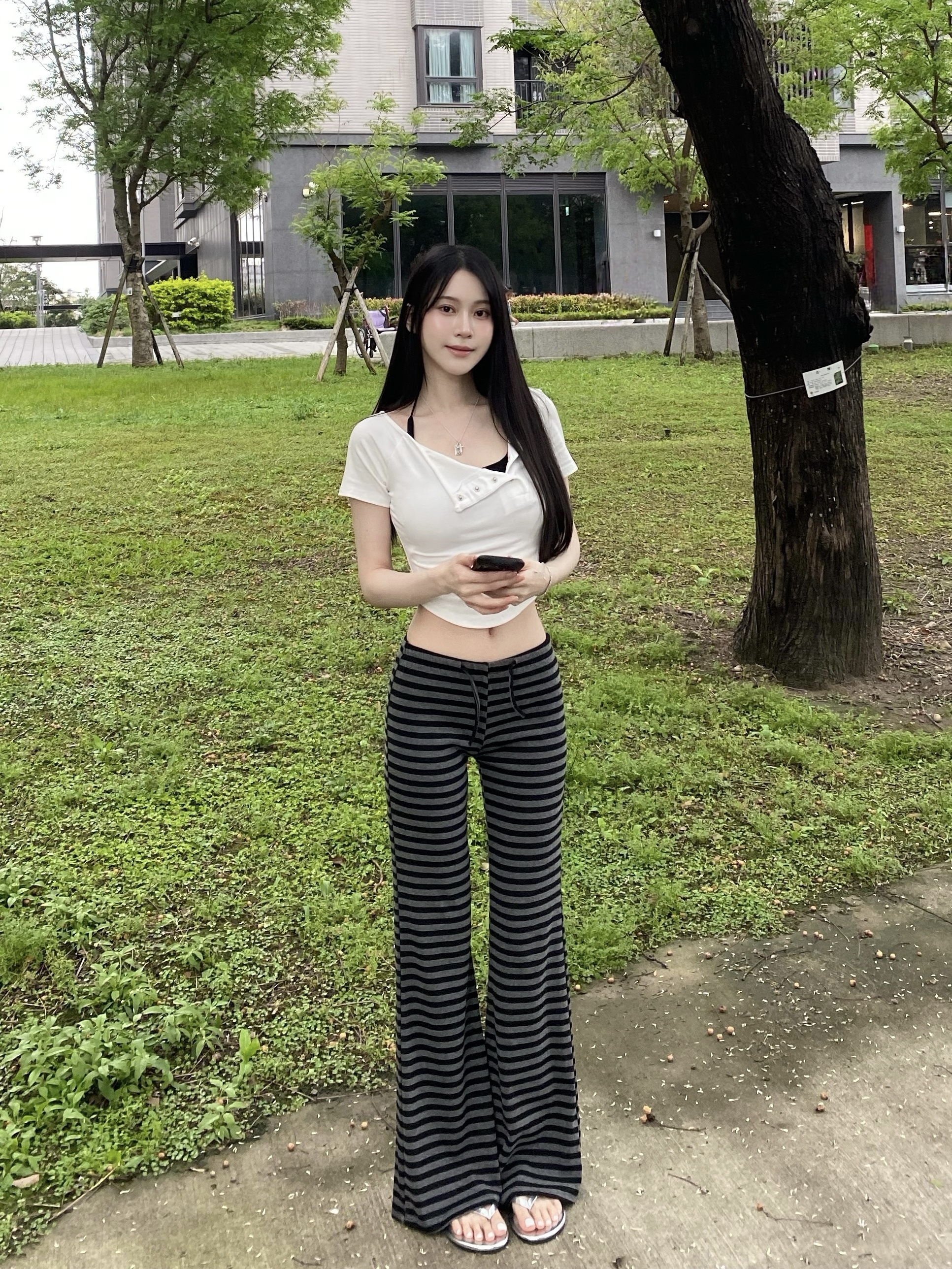 低腰慵懶條紋微喇棉褲