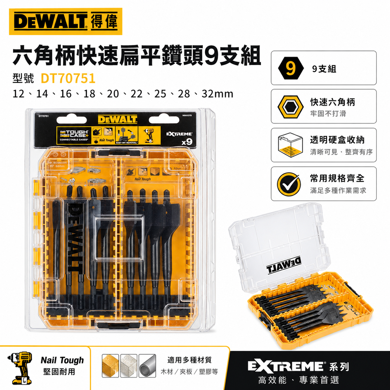 DEWALT 美國 得偉｜木頭硬木用鑽頭｜六角柄快速扁平鑽頭9支組 六角軸木工鑽尾 木工鑽頭｜12-32mm｜DT70751